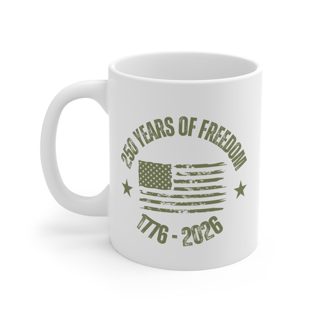 250 Years of Freedom Mug — 1776-2026 Distressed American Flag Coffee Cup