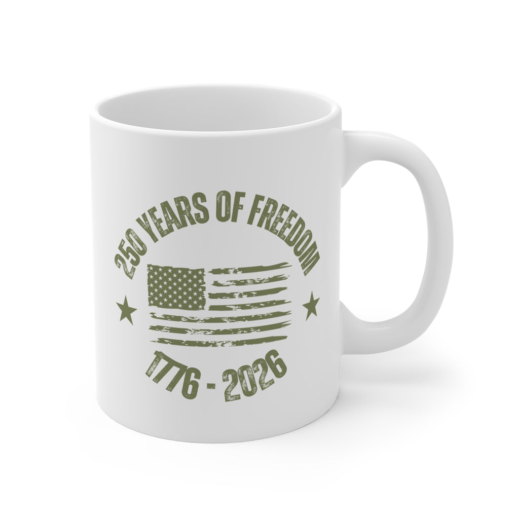 250 Years of Freedom Mug — 1776-2026 Distressed American Flag Coffee Cup